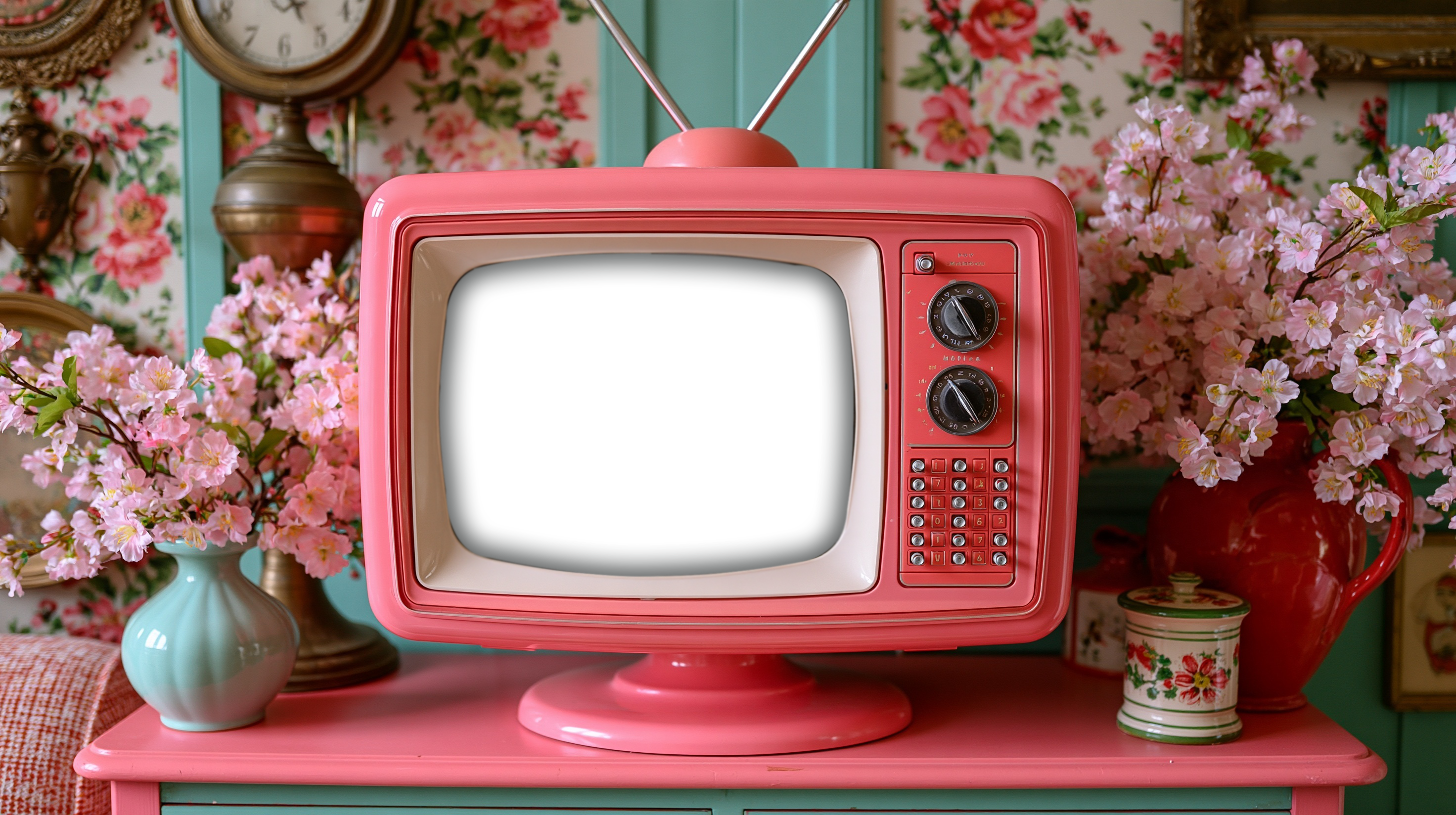 A pink retro television set on a
         dresser, surrounded by floral wallpaper and pink blossom.